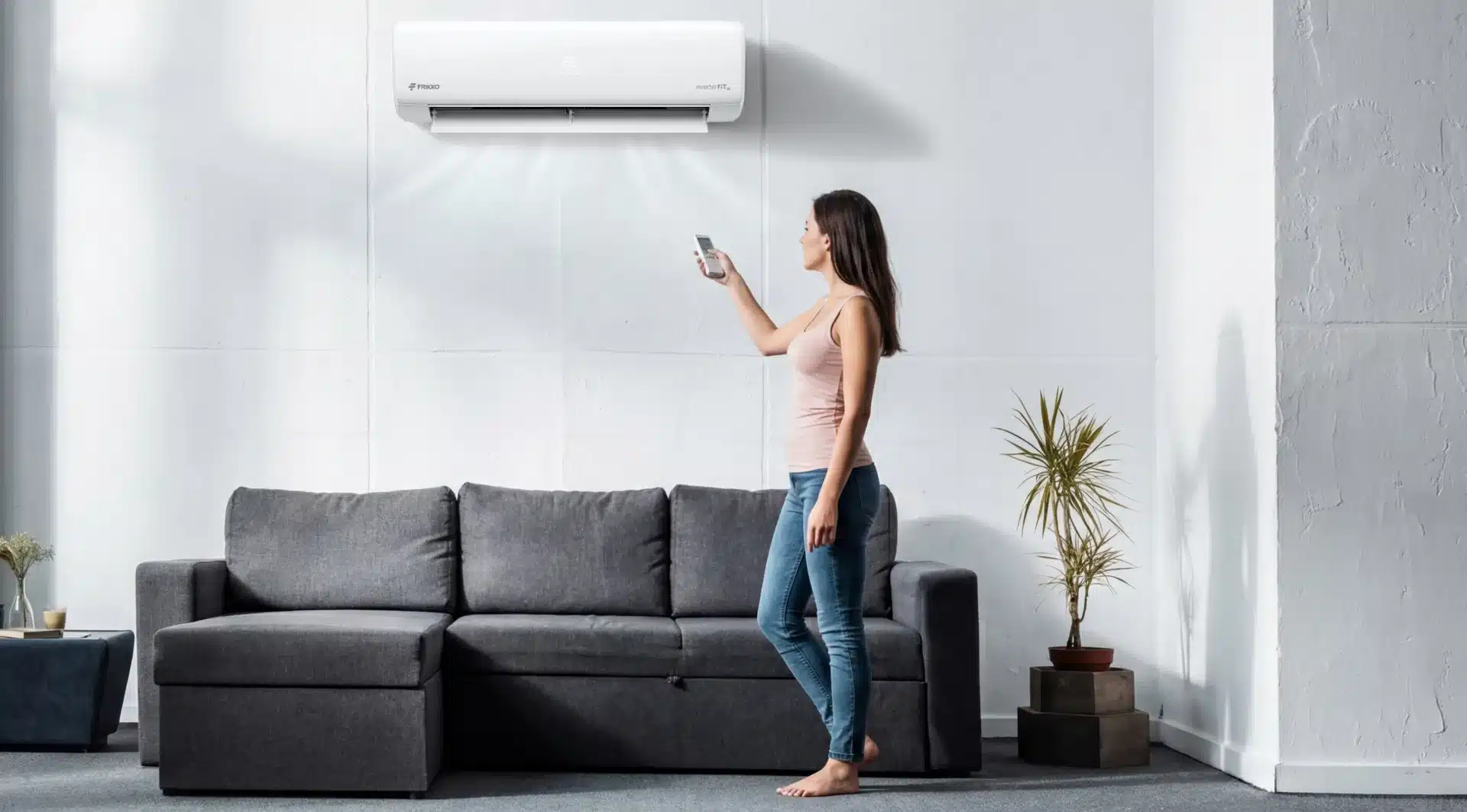 Mujer encendiendo minisplit con control remoto