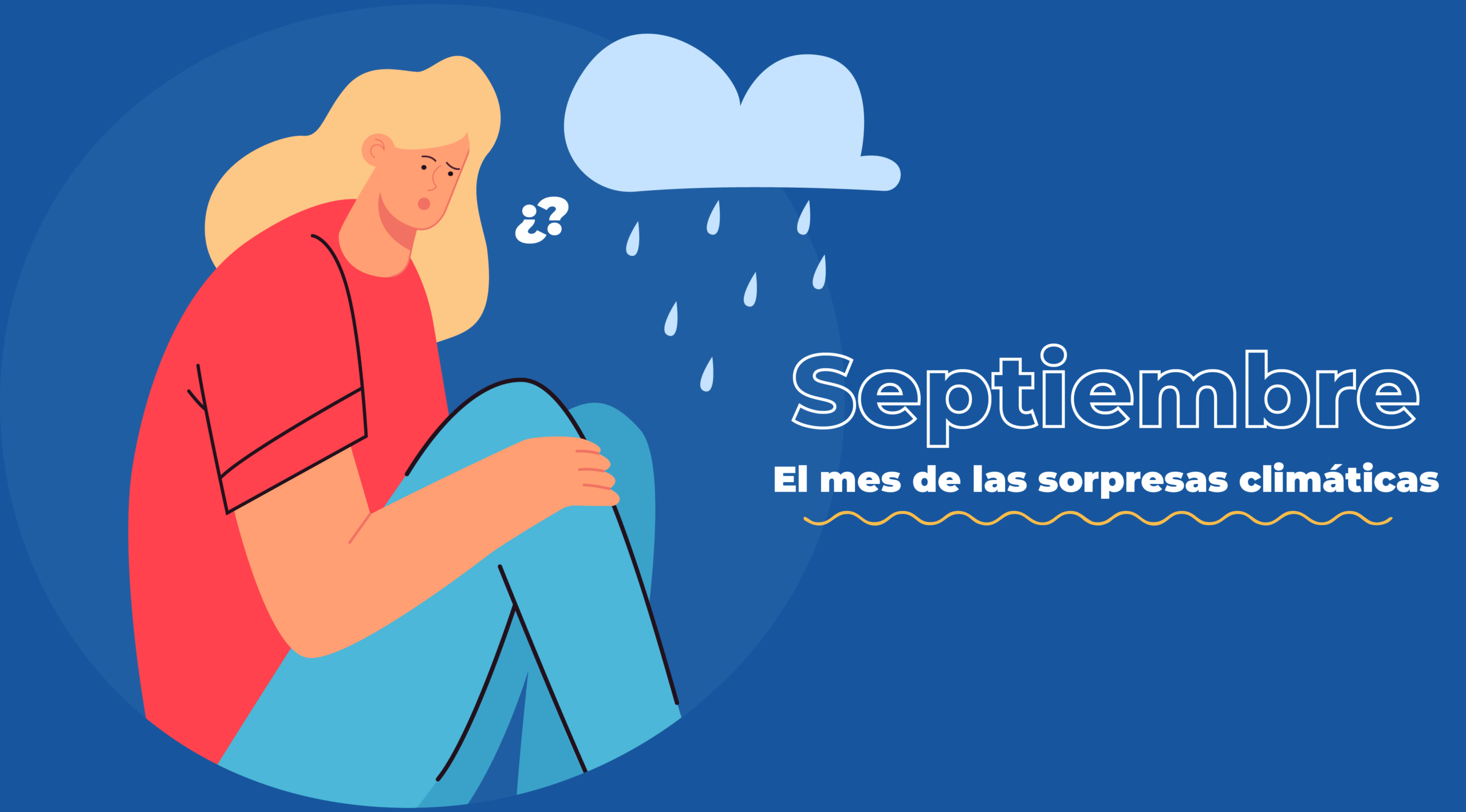 Ilustración de mujer sentada bajo lluvia suave, simbolizando cambios de temperatura en septiembre como mes de sorpresas climáticas en México, con nubes y lluvia ligera